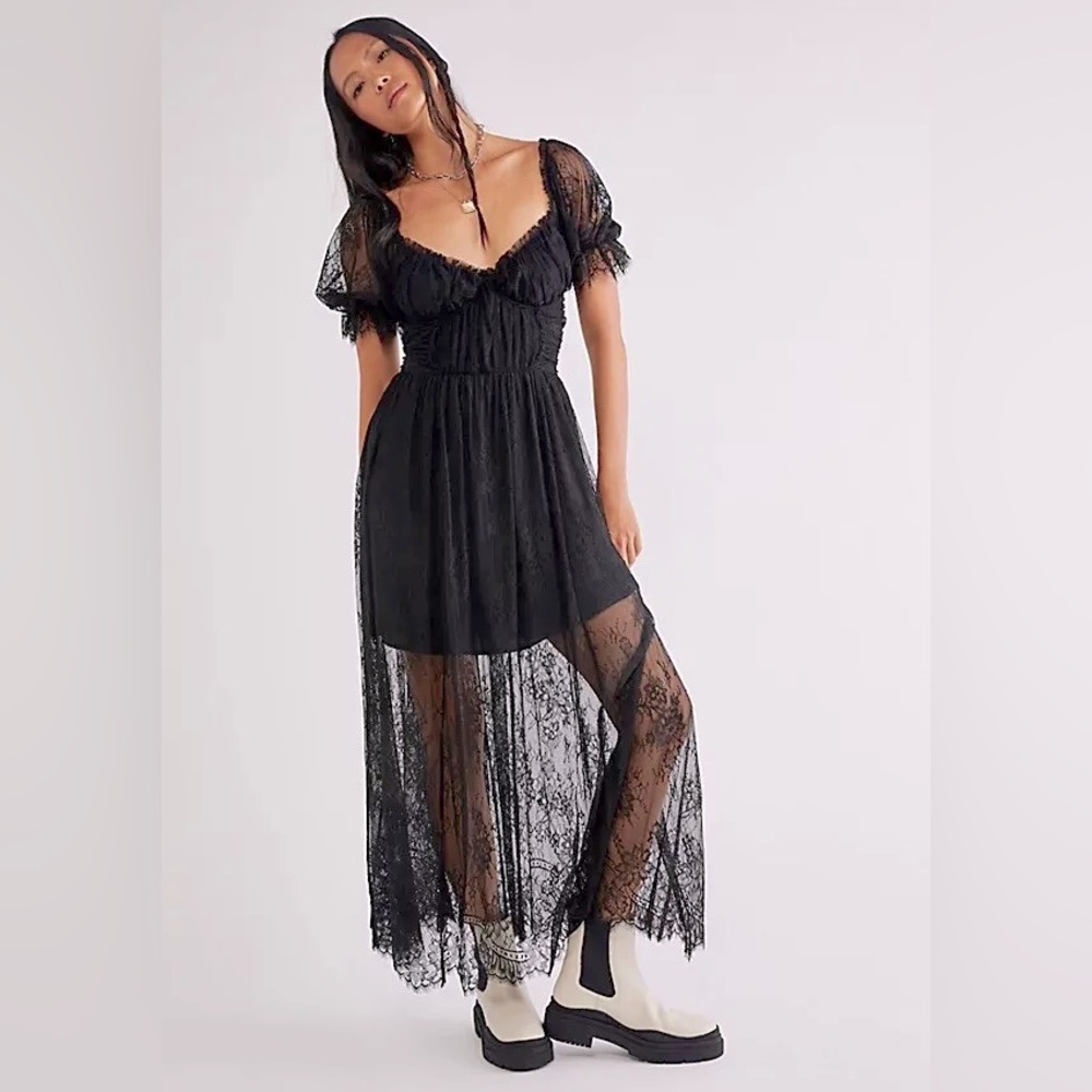 NWT Free People Dear Jane sheer embroidered Lace black midi maxi illusion dress